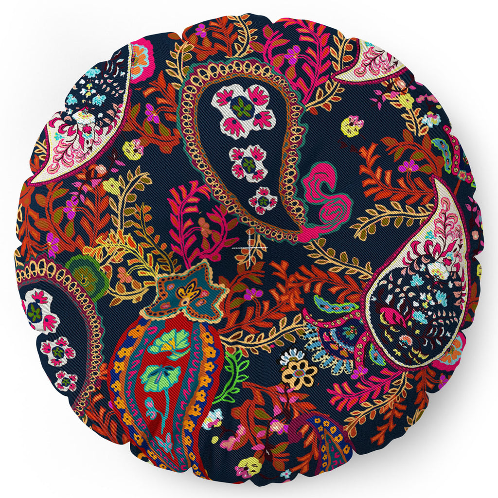 Boho Paisley Navy Floor Pillow Round Rachelle Roberts