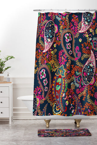 Rachelle Roberts Boho Paisley Navy Shower Curtain And Mat