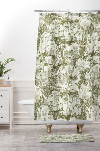 Rachelle Roberts Farm Land Toile In Vintage Green Shower Curtain And Mat