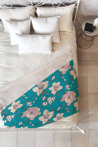 Rachelle Roberts Painted Poppy In Turquoise Fleece Throw Blanket