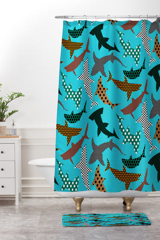 Raven Jumpo Polka Dot Sharks Shower Curtain And Mat