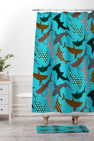 Raven Jumpo Polka Dot Sharks Shower Curtain And Mat