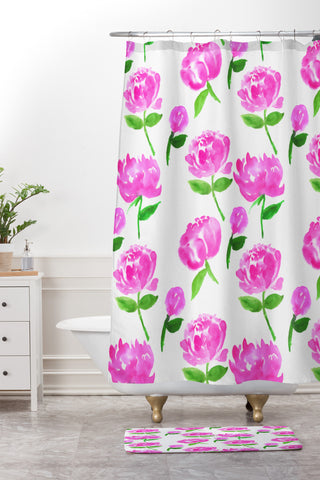 Rebecca Allen Peonies in Bloom Shower Curtain And Mat