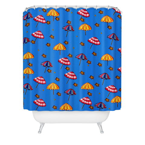 Renie Britenbucher Beach Umbrellas And Starfish Blue Shower Curtain