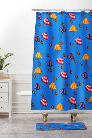 Renie Britenbucher Beach Umbrellas And Starfish Blue Shower Curtain And Mat