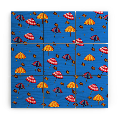 Renie Britenbucher Beach Umbrellas And Starfish Blue Wood Wall Mural