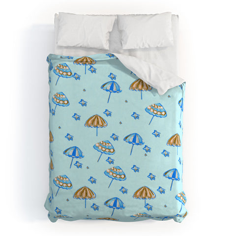 Renie Britenbucher Beach Umbrellas And Starfish Light Blue Duvet Cover