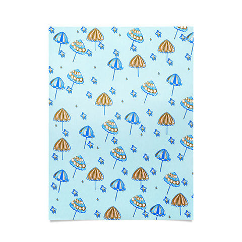 Renie Britenbucher Beach Umbrellas And Starfish Light Blue Poster