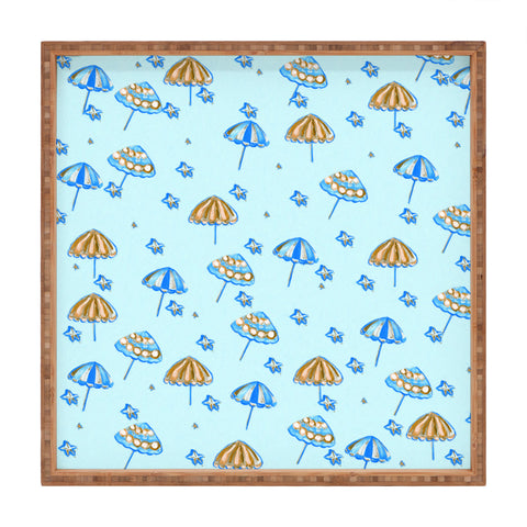 Renie Britenbucher Beach Umbrellas And Starfish Light Blue Square Tray