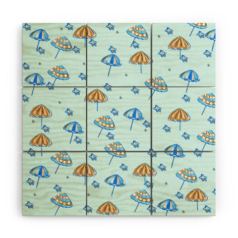 Renie Britenbucher Beach Umbrellas And Starfish Light Blue Wood Wall Mural