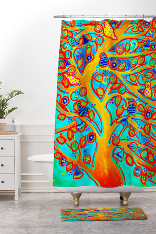 Renie Britenbucher Bird Tree Red Turquoise Shower Curtain And Mat