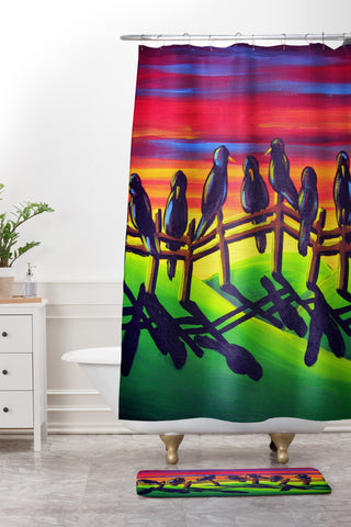 Renie Britenbucher Crows on Fence Shower Curtain And Mat