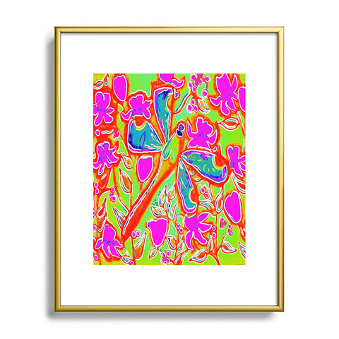 Renie Britenbucher Dragonfly And Flowers In Pink And Green Metal Framed Art Print