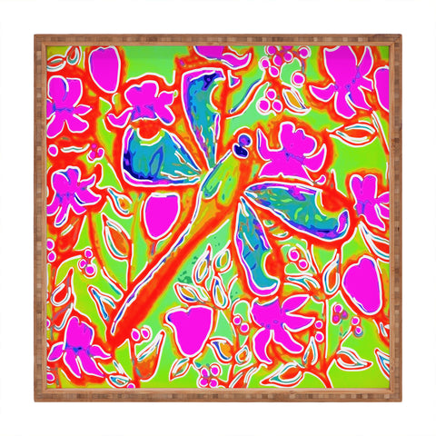 Renie Britenbucher Dragonfly And Flowers In Pink And Green Square Tray