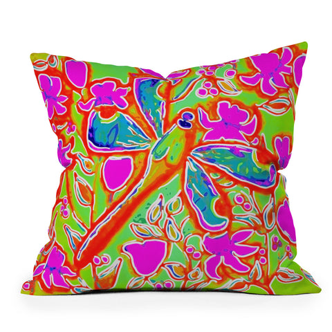 Renie Britenbucher Dragonfly And Flowers In Pink And Green Throw Pillow