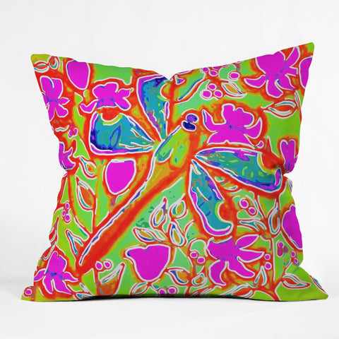 Renie Britenbucher Dragonfly And Flowers In Pink And Green Outdoor Throw Pillow