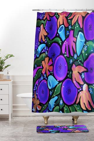 Renie Britenbucher Funky Flowers in Purple and Blue Shower Curtain And Mat