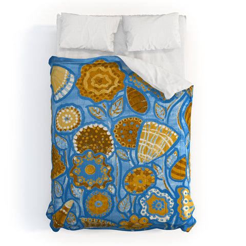 Renie Britenbucher Funky Flowers Tan Blue Comforter