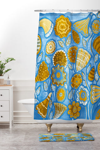 Renie Britenbucher Funky Flowers Tan Blue Shower Curtain And Mat
