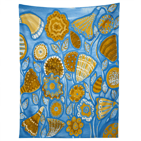 Renie Britenbucher Funky Flowers Tan Blue Tapestry