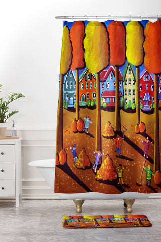 Renie Britenbucher Kids Raking Leaves Shower Curtain And Mat