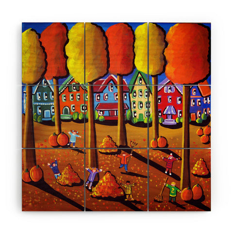 Renie Britenbucher Kids Raking Leaves Wood Wall Mural