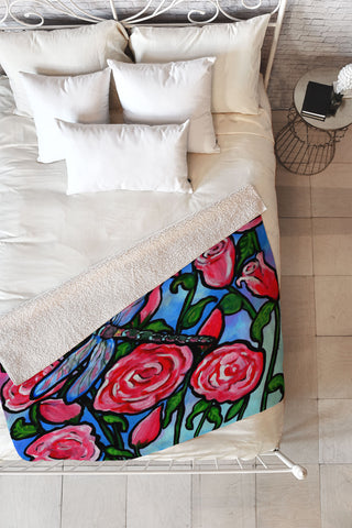 Renie Britenbucher Roses and Dragonfly Fleece Throw Blanket