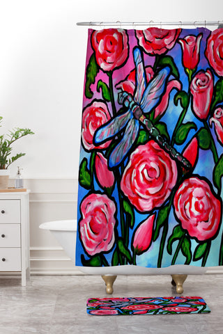 Renie Britenbucher Roses and Dragonfly Shower Curtain And Mat
