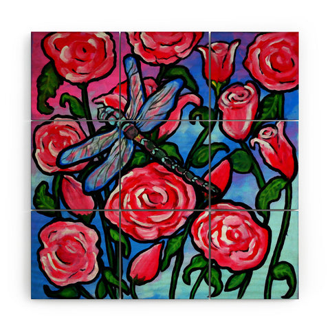 Renie Britenbucher Roses and Dragonfly Wood Wall Mural