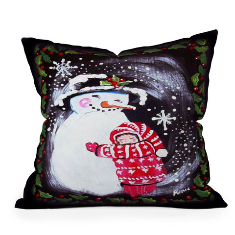 Renie Britenbucher Snowman Hugs Girl Throw Pillow