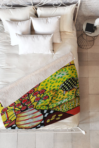 Renie Britenbucher Yellow Chair With Red Poppies Fleece Throw Blanket