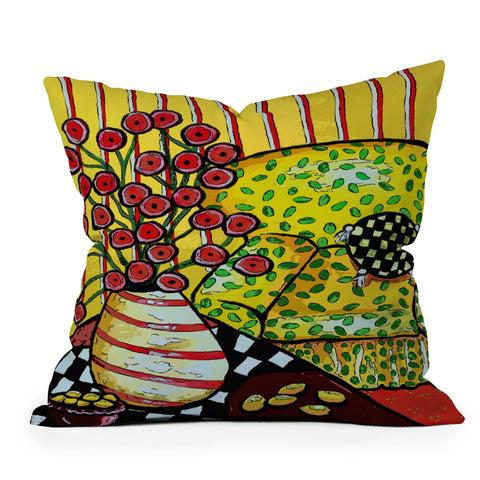 Renie Britenbucher Yellow Chair With Red Poppies Throw Pillow