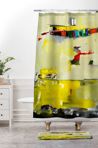 Robin Faye Gates Abstract Yellow Shower Curtain And Mat
