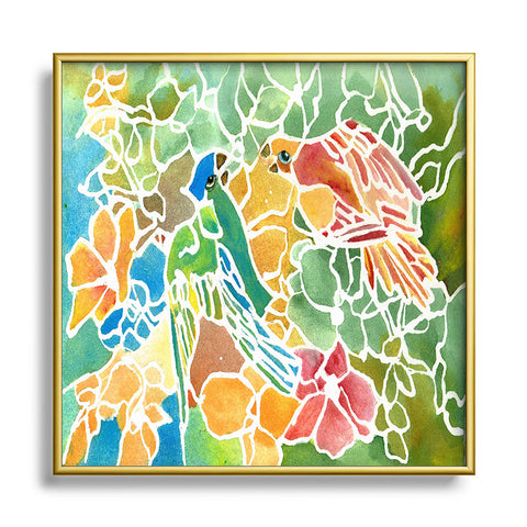 Rosie Brown Parakeets Stain Glass Metal Square Framed Art Print