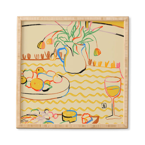 sandrapoliakov YELLOW TULIPS WINE AND CHEESE Framed Wall Art