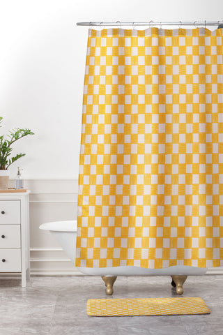 Schatzi Brown Alice Check Yellow Shower Curtain And Mat
