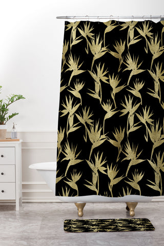 Schatzi Brown Bird of Paradise Black Gold Shower Curtain And Mat