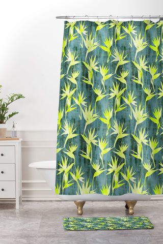 Schatzi Brown Bird of Paradise Green Shower Curtain And Mat