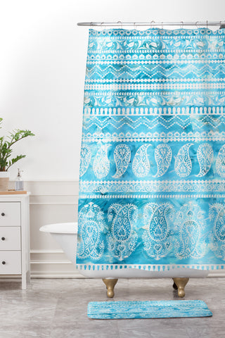 Schatzi Brown Bodhi Bohemian Stripe Aqua Shower Curtain And Mat