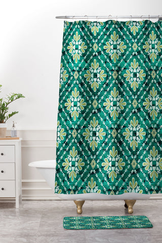 Schatzi Brown Boho Tile Green Shower Curtain And Mat