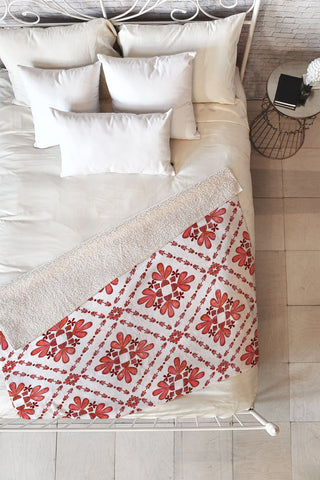 Schatzi Brown Boho Tile Red White Fleece Throw Blanket