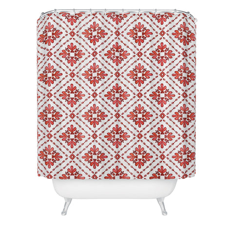 Schatzi Brown Boho Tile Red White Shower Curtain