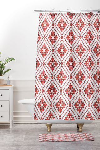 Schatzi Brown Boho Tile Red White Shower Curtain And Mat