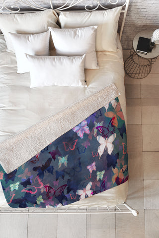 Schatzi Brown Butterfly Garden Blue Fleece Throw Blanket