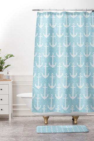 Schatzi Brown Chevron Anchor Light Aqua Shower Curtain And Mat