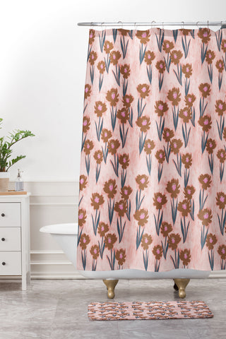 Schatzi Brown Danni Floral Pink Shower Curtain And Mat