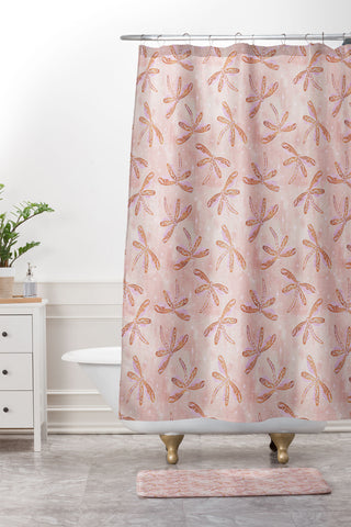 Schatzi Brown Dragonfly Peach Shower Curtain And Mat