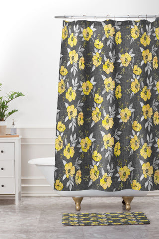 Schatzi Brown Emma Floral Gray Yellow Shower Curtain And Mat
