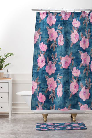 Schatzi Brown Emma Floral Turquoise Shower Curtain And Mat