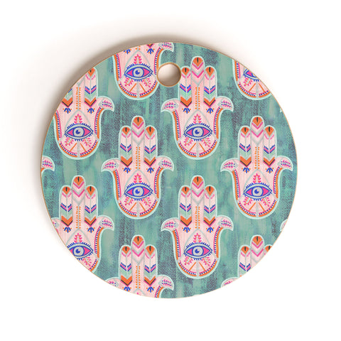 Schatzi Brown Hamsa Mint Cutting Board Round